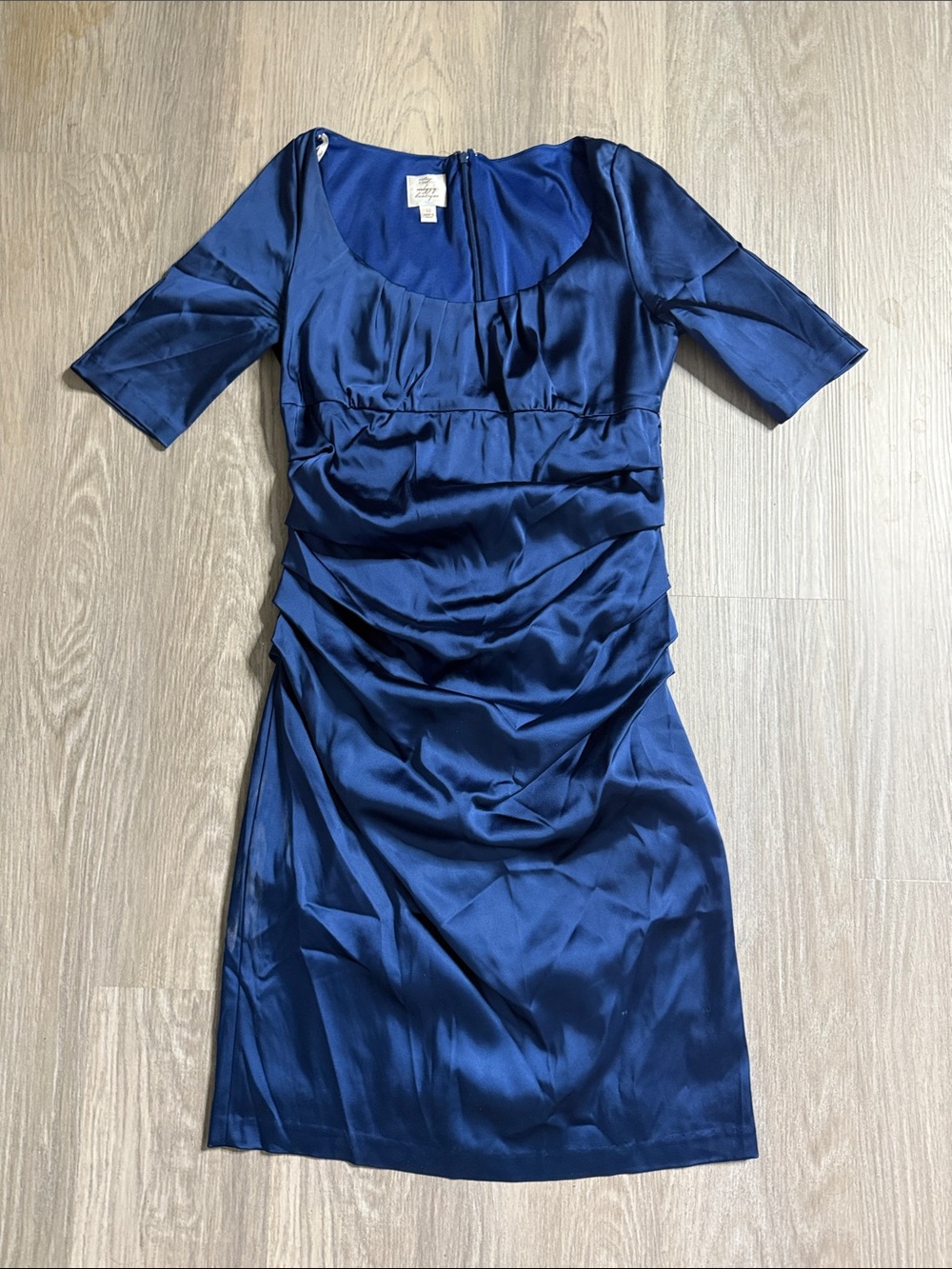 Joan & David Navy Satin Ruched Scoop Midi Dress